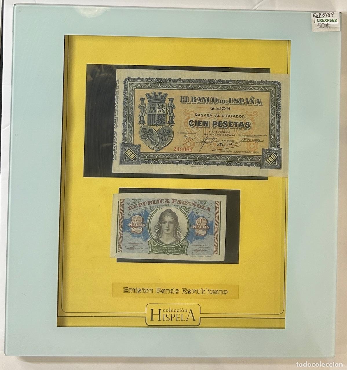Lotes de billetes: CREXP568 CUADRO CON BILLETES ESPA&Ntilde;A 100 PESETAS GIJO Y 2 PESETAS REPUBLICA
