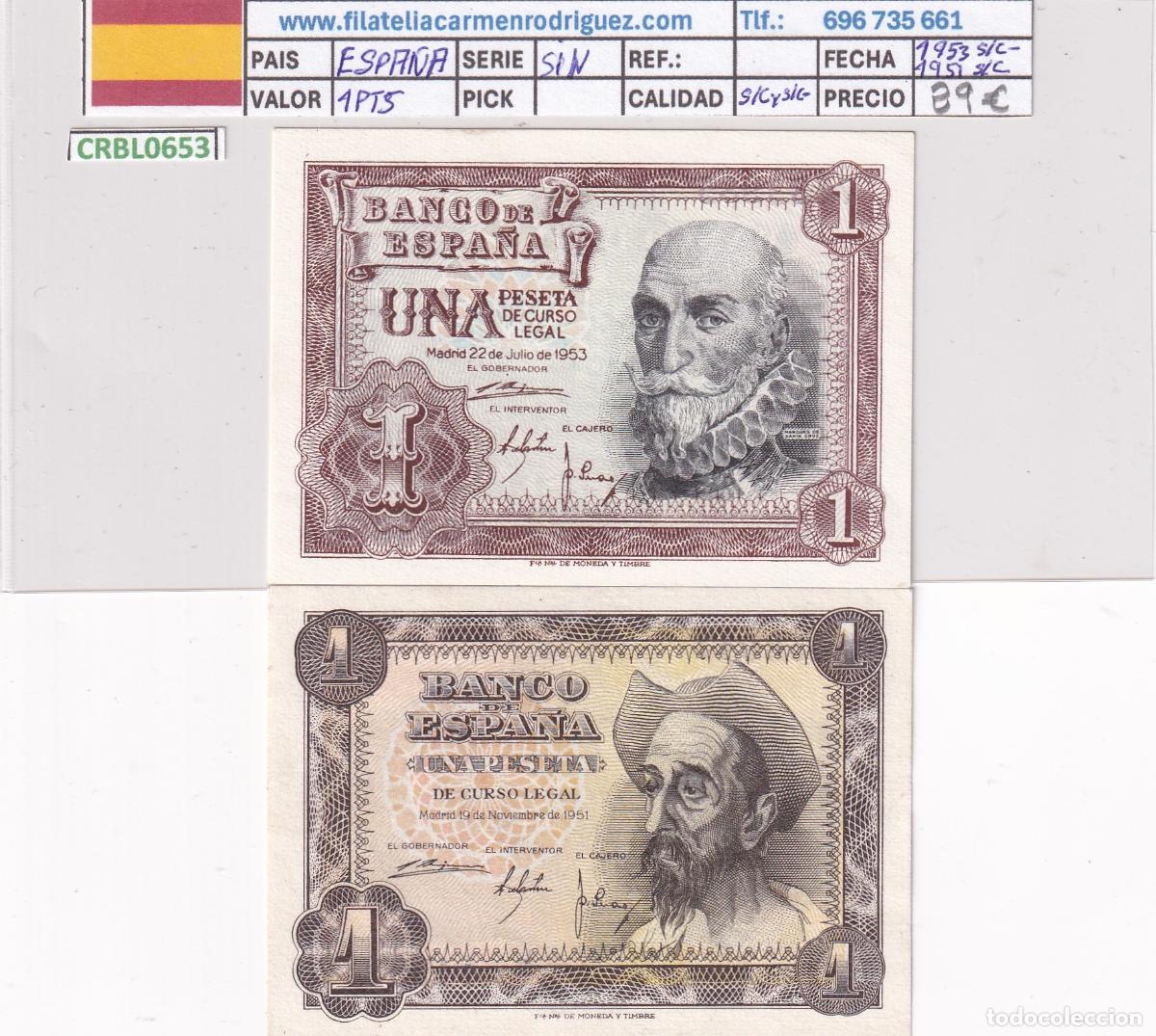 Lotes de billetes: CRBL0653 LOTE 2 BILLETES ESPA&Ntilde;A 1 PESETA 1951 1953 S/C- Y S/C SIN SERIE