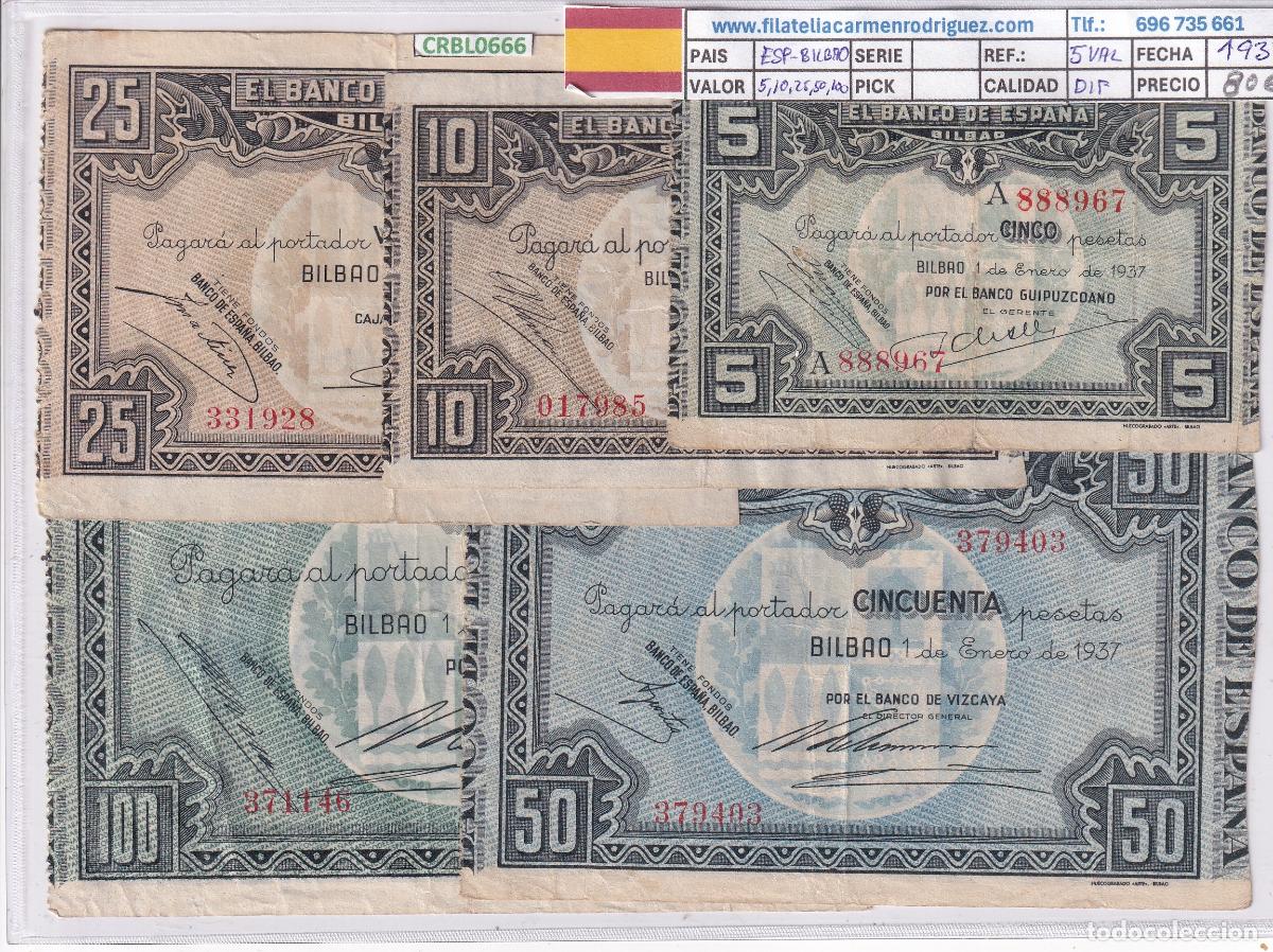 Lotes de Notas: CRBL0666 LOTE 5 BILLETES ESPA&Ntilde;A BILBAO 1937 DIFERENTE VALORES VER FOTOS