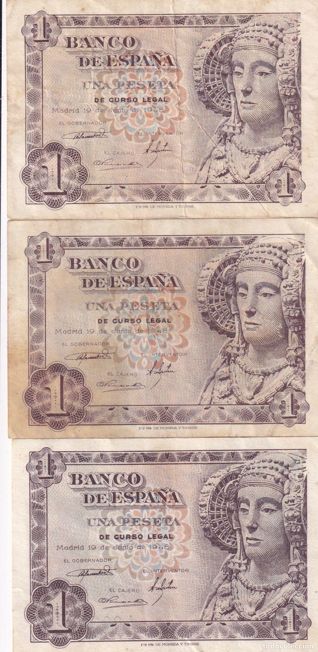 Serien von Banknoten: CRBS2527 LOTE 3 BILLETES ESPA&Ntilde;A 1 PESETA 1948 SERIE A USADOS
