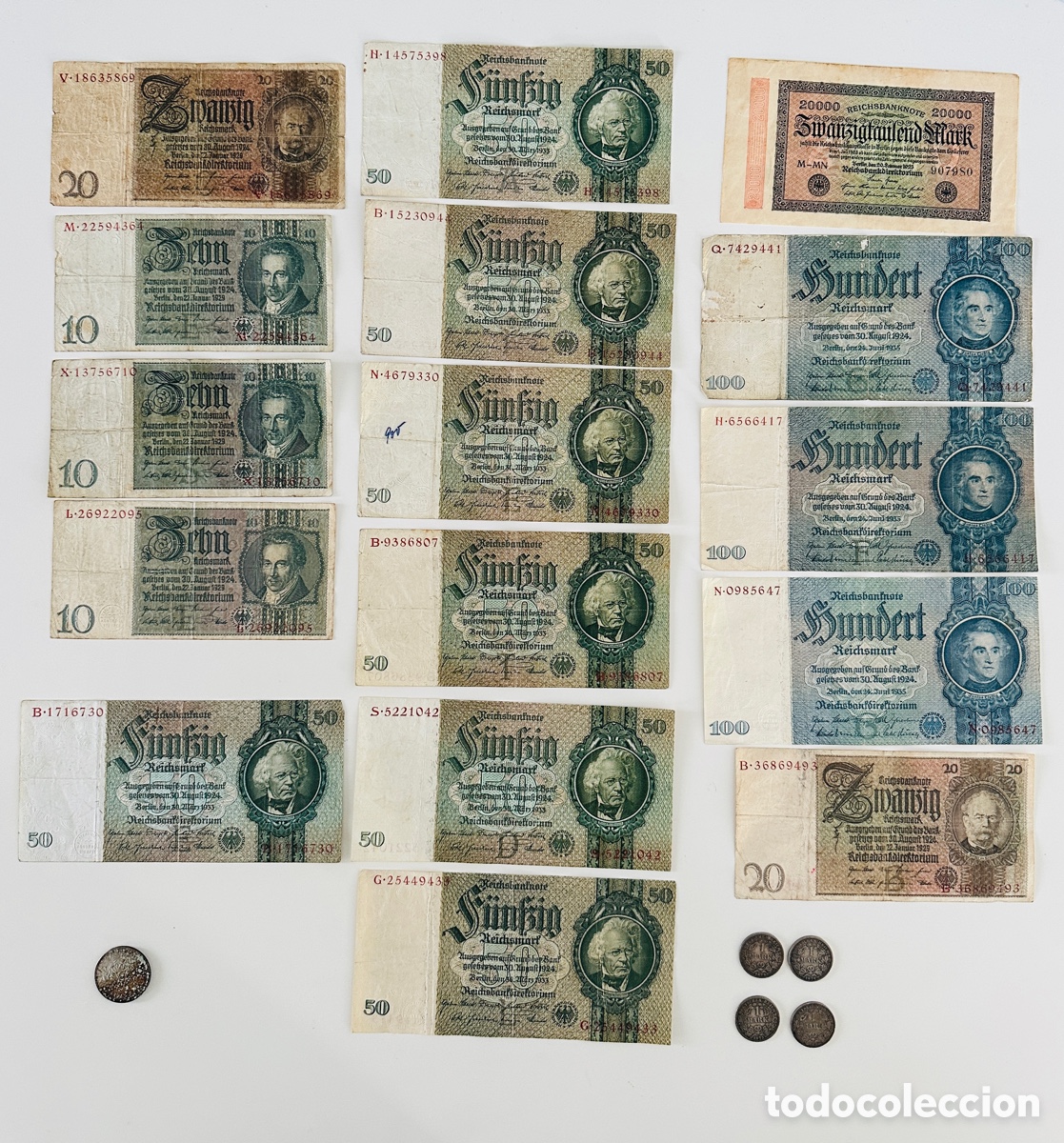 Lotes de billetes: Lote 21 piezas: billetes Reich y monedas de plata Alemania-Francia