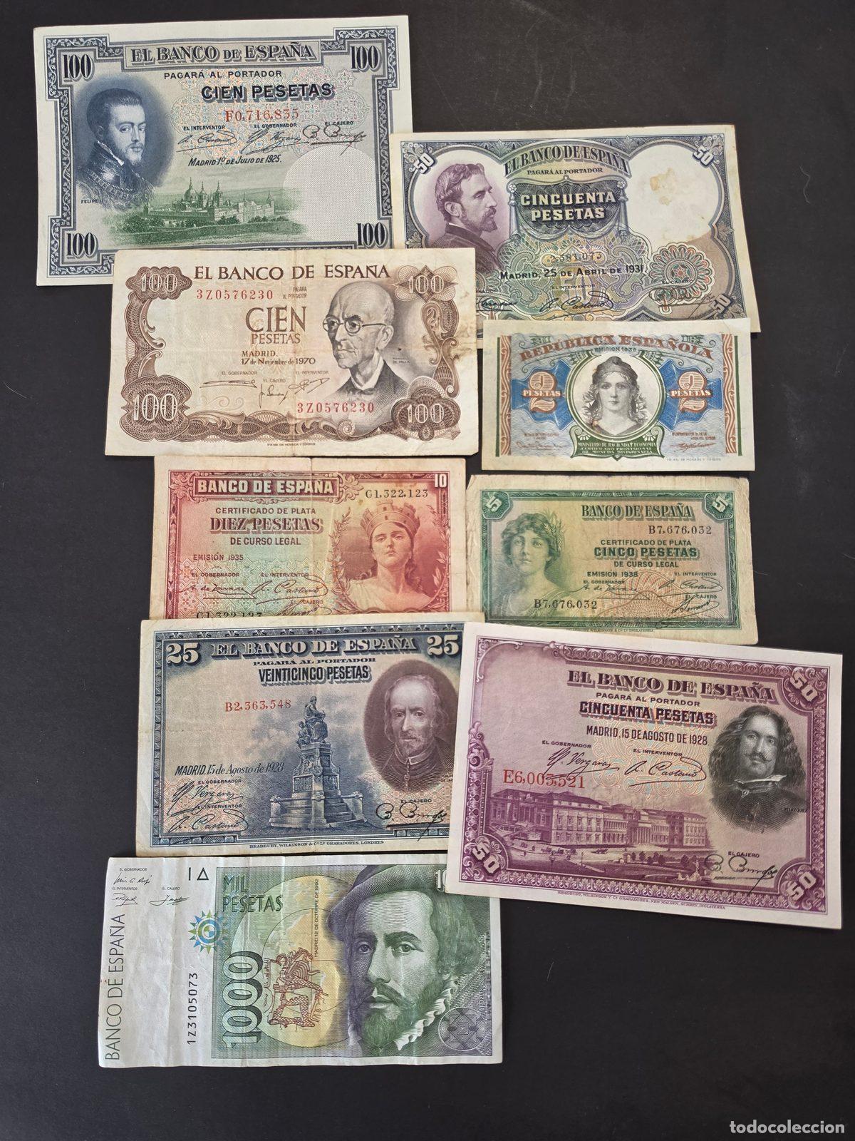 Lotes de billetes: Lote de 9 billetes hist&oacute;ricos espa&ntilde;oles.