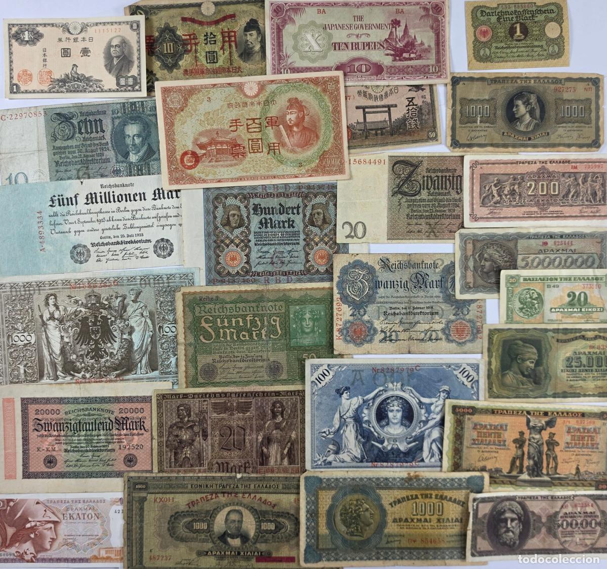 Lotes de billetes: 25 billetes hist&oacute;ricos de Jap&oacute;n, Alemania y Grecia.
