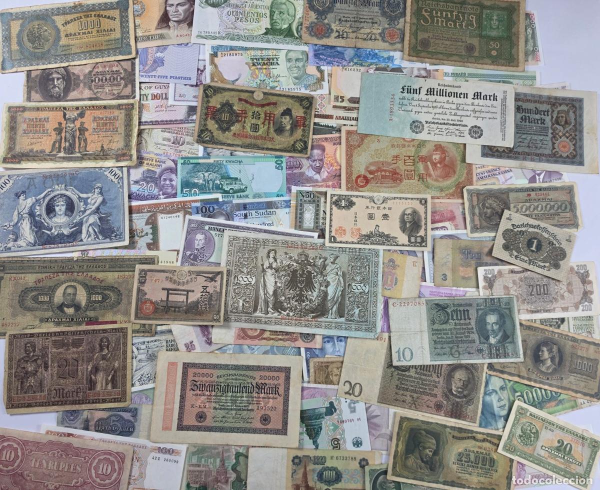 Lotes de billetes: 75 billetes diferentes del mundo con 25 hist&oacute;ricos.