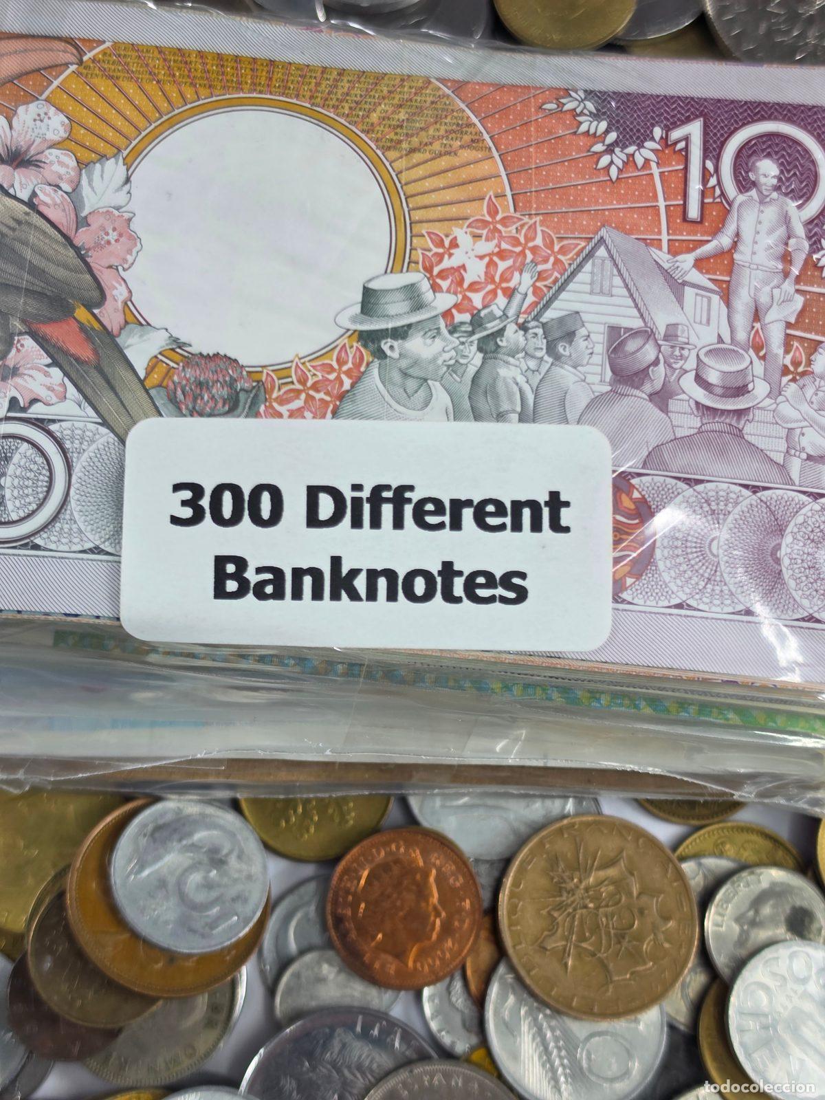 Lotes de billetes: Lote de 300 billetes diferentes nuevos y 400 monedas del mundo.