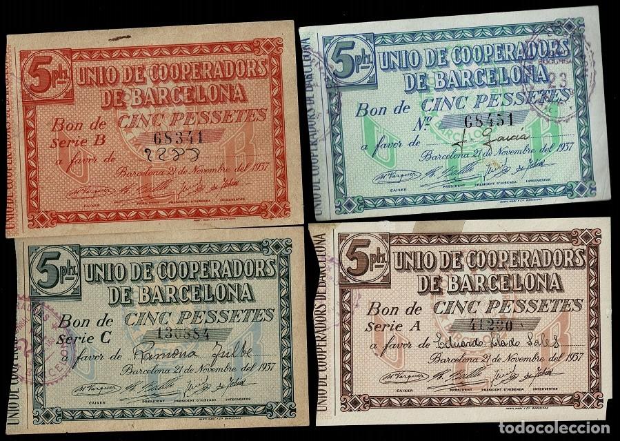Lotes de billetes: CL3-58 Guerra Civil Juego de los 4 BONOS de la UNIO DE COOPERADORS DE BARCELONA Legalizacion con el
