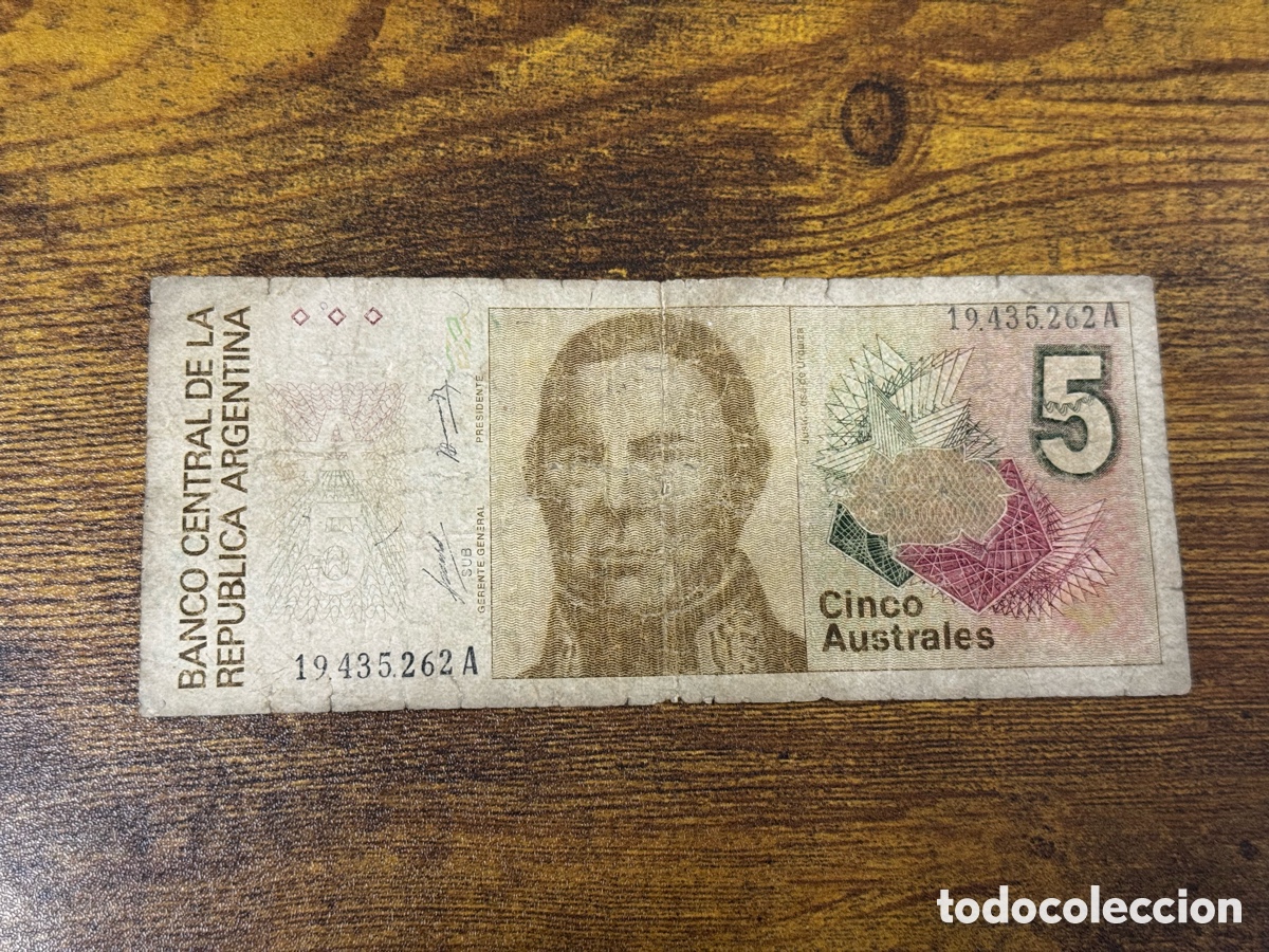 Serien von Banknoten: Billete de 5 Australes Argentina. Circulado en baja condicion