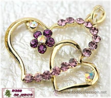 Joyeria: BELL&Iacute;SIMO COLGANTE DOBLE CORAZ&Oacute;N.LILA.CHAPADO EN ORO