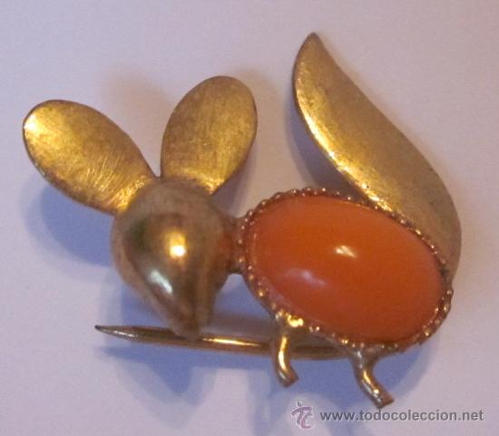 Joyeria: BROCHE DE RATITA PRESUMIDA NARANJA,CHAPADA EN ORO,A&Ntilde;OS 50 &Oacute; 60