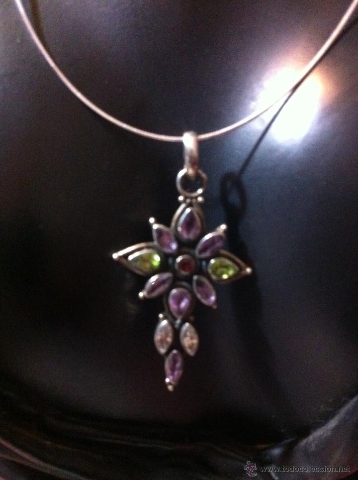 Gioielleria: ANTIGUA Y RARA CRUZ O COLGANTE DE PLATA DE LEY CON AMATISTAS Y OLIVINAS