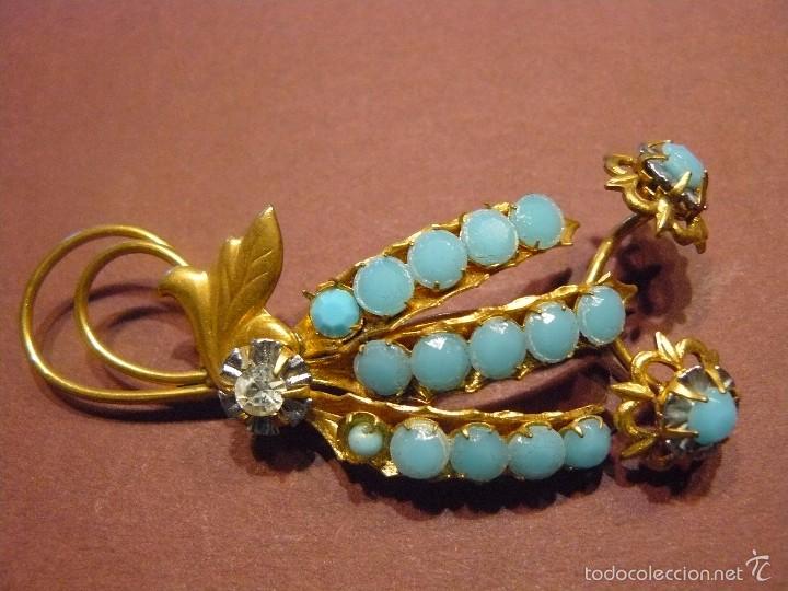 Gioielleria: BROCHE VINTAGE DE METAL DORADO CON CRISTALES TURQUESA