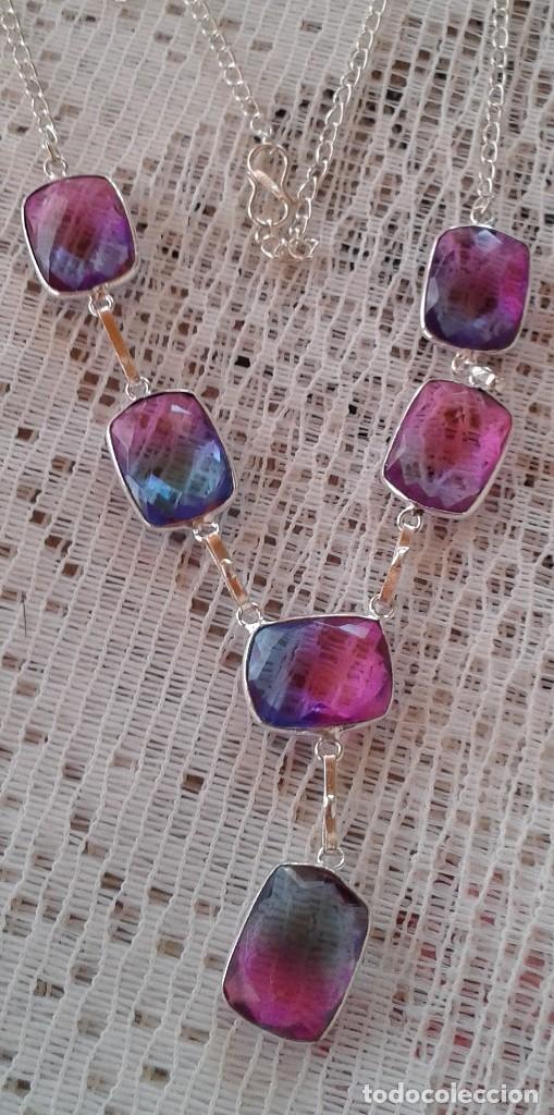 Joyeria: COLLAR GARGANTILLA CRISTAL RECTANGULAR S&Iacute;MIL TURMALINA ROSA- AZUL - Foto 2
