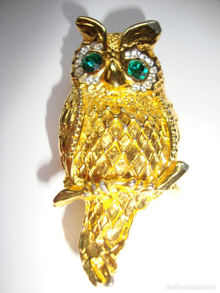 Gioielleria: ANTIGUO BROCHES BUHO DORADO CON PIEDRAS VERDES Y BLANCAS