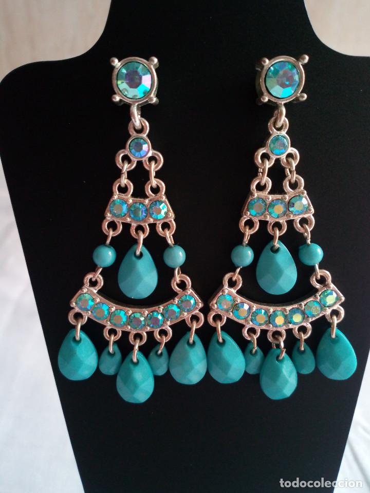 Joalharia: 95-BISUTERIA PENDIENTES PLATEADOS CRISTAL Y PIEDRAS VERDEAGUA, largos