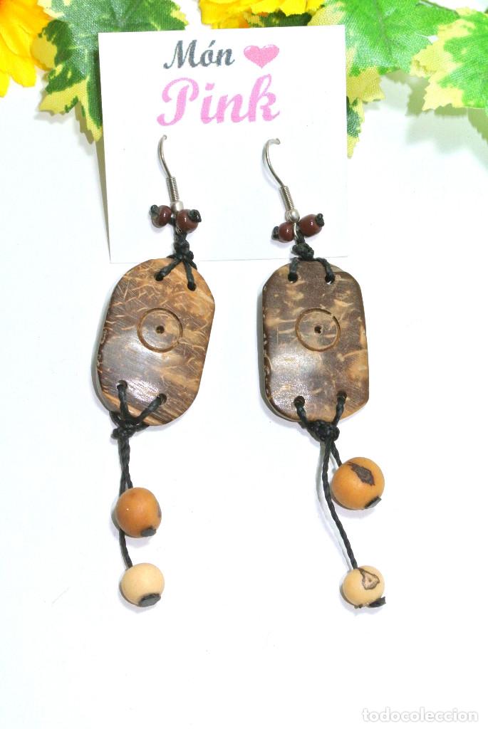 Joyeria: Pendientes bohemios largos de madera de coco con semillas, A&ntilde;o 2000, Nuevos - Foto 2