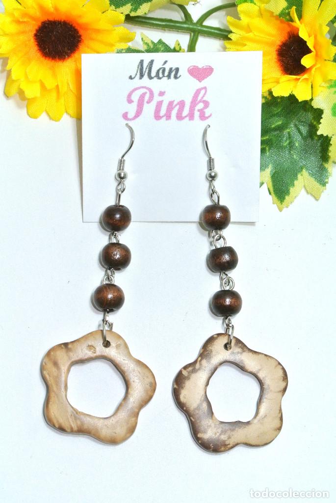 Joyeria: Pendientes bohemios largos de madera de coco con flor, A&ntilde;o 2000, Nuevos - Foto 2