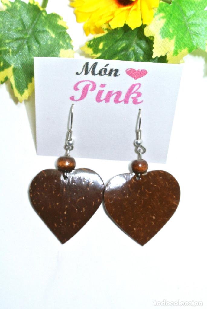 Joyeria: Pendientes bohemios coraz&oacute;n de madera de coco marr&oacute;n, A&ntilde;o 2000, Nuevos - Foto 2
