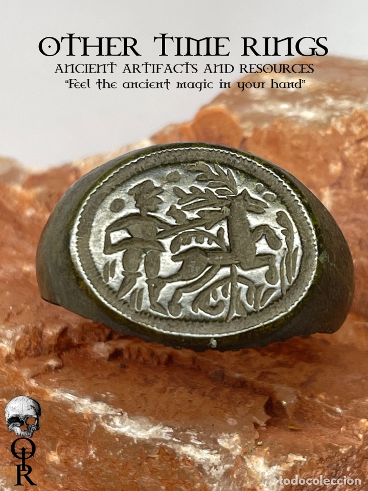 Joyeria: Anillo Medieval con representaci&oacute;n de la caza de un ciervo con lanza y espada, anillo Romano, anillo