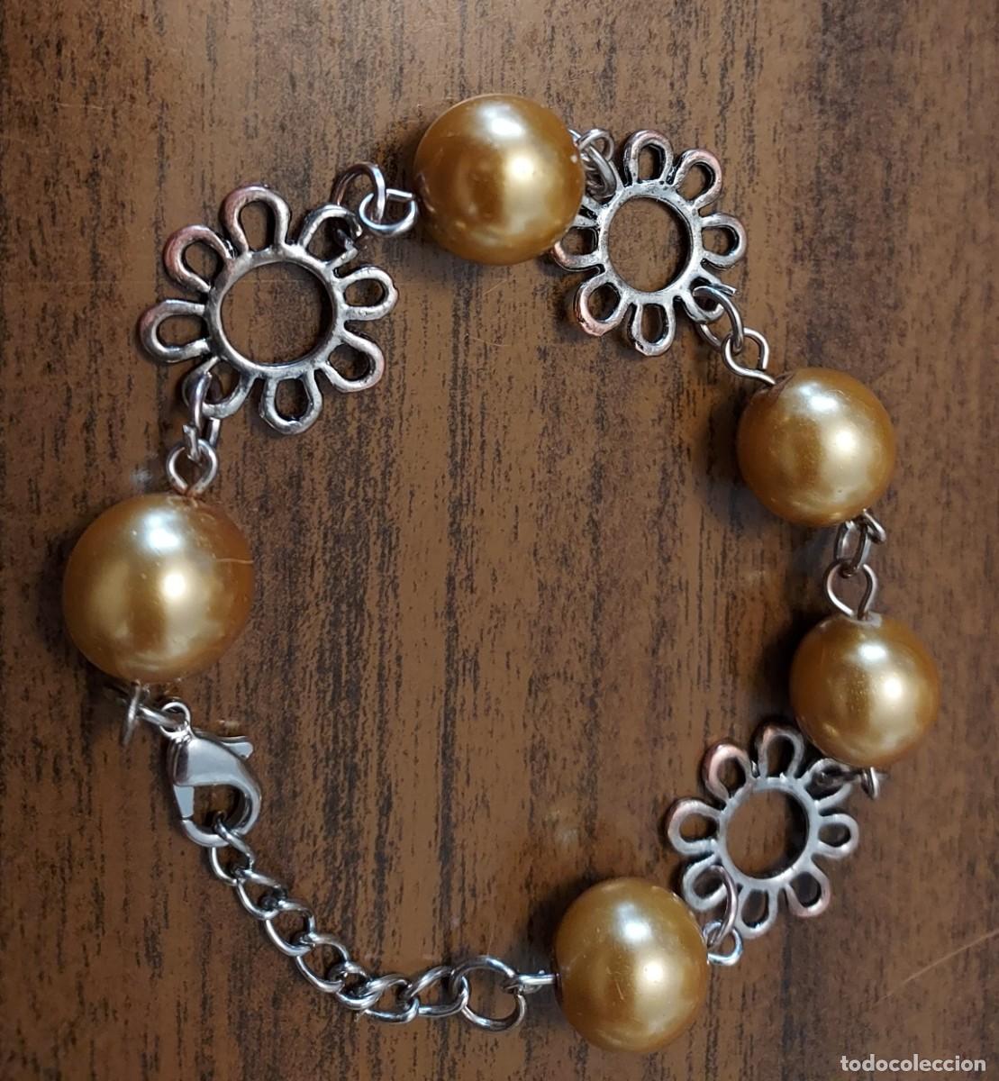 Gioielleria: BRAZALETE PULSERA DE ABALORIOS DORADO NACARADO Y METAL PLATEADO - LARGO: 20 CMS