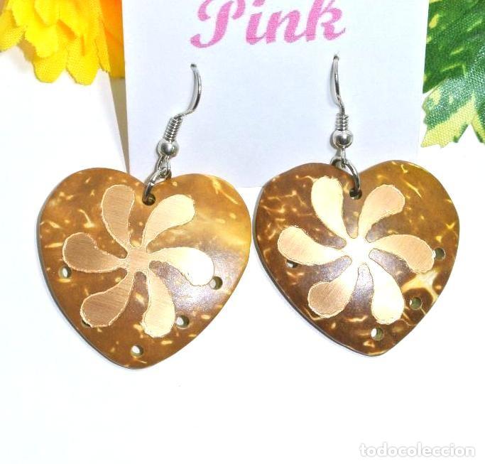Joyeria: Pendientes bohemios de madera de coco color amarillo, A&ntilde;o 2000, Nuevos - Foto 1