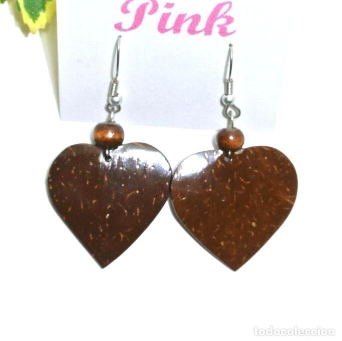Joyeria: Pendientes bohemios coraz&oacute;n de madera de coco marr&oacute;n, A&ntilde;o 2000, Nuevos - Foto 1