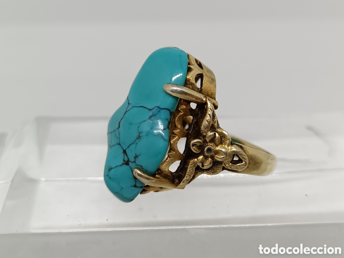 Joyeria: Anillo de bronce con piedra simil turquesa. - Foto 2