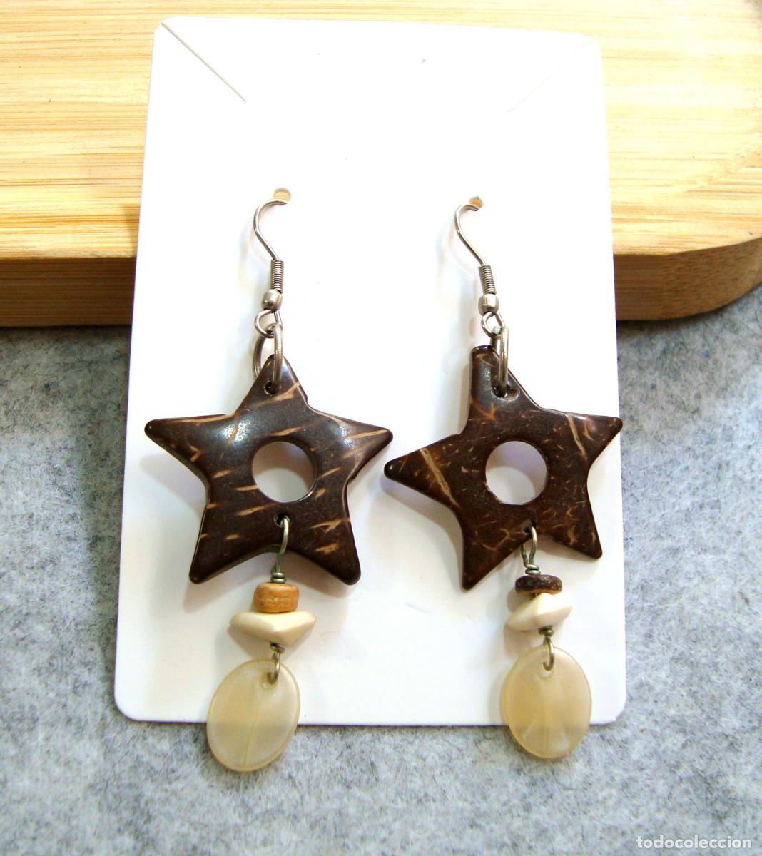 Joyeria: Pendientes con estrellas de madera de coco, A&ntilde;o 2000, Nuevos - Foto 1