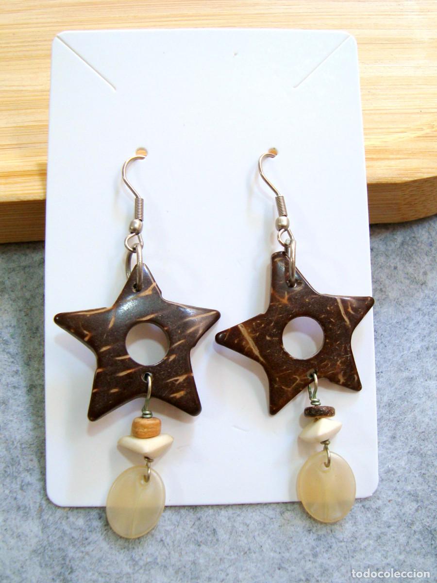 Joyeria: Pendientes con estrellas de madera de coco, A&ntilde;o 2000, Nuevos - Foto 2
