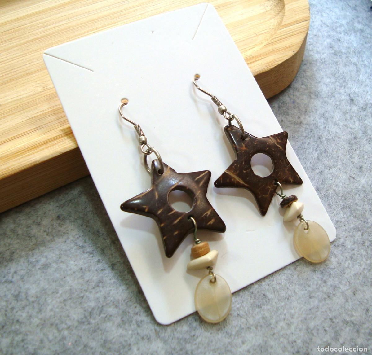 Joyeria: Pendientes con estrellas de madera de coco, A&ntilde;o 2000, Nuevos - Foto 3