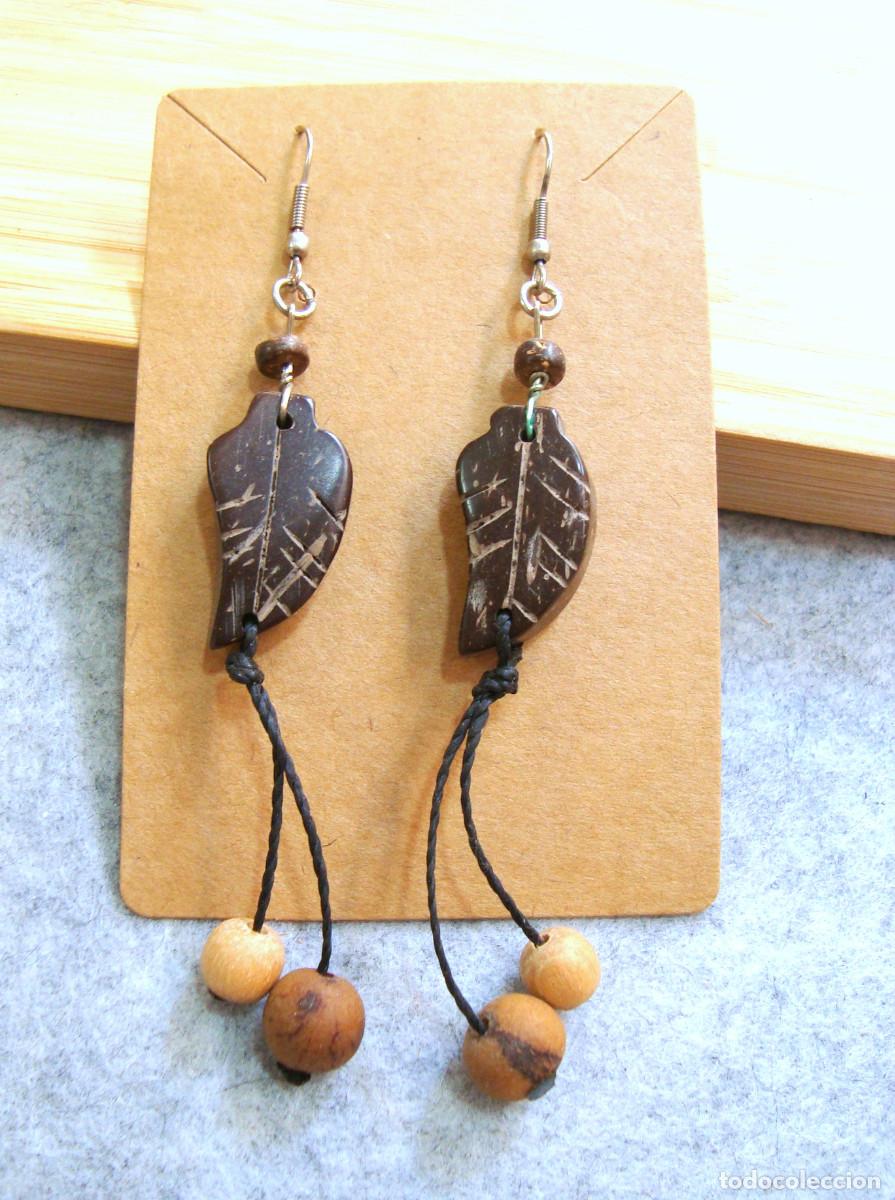 Joyeria: Pendientes bohemios largos de hojas de madera de coco, A&ntilde;o 2000, Nuevos - Foto 1