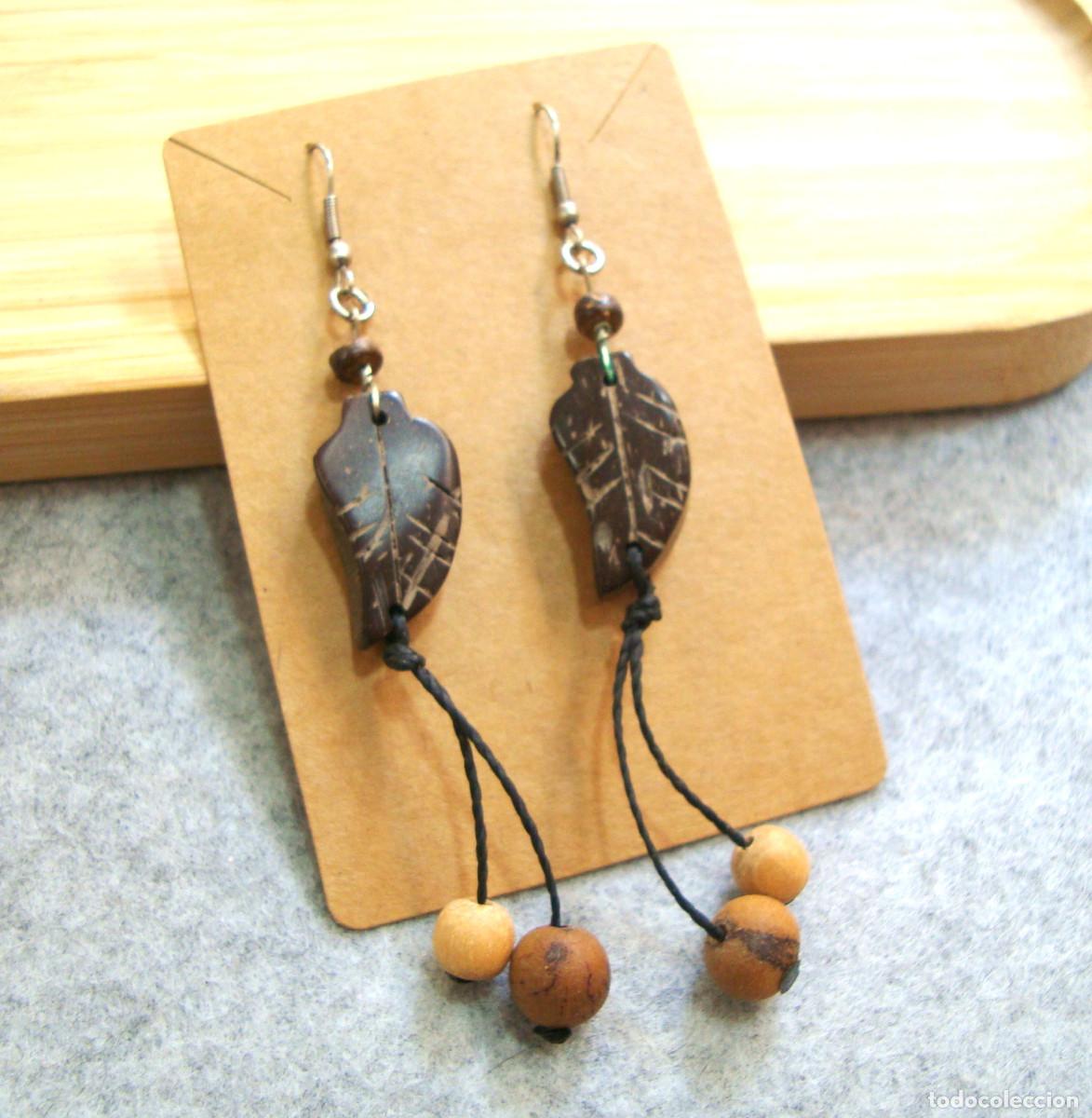 Joyeria: Pendientes bohemios largos de hojas de madera de coco, A&ntilde;o 2000, Nuevos - Foto 2