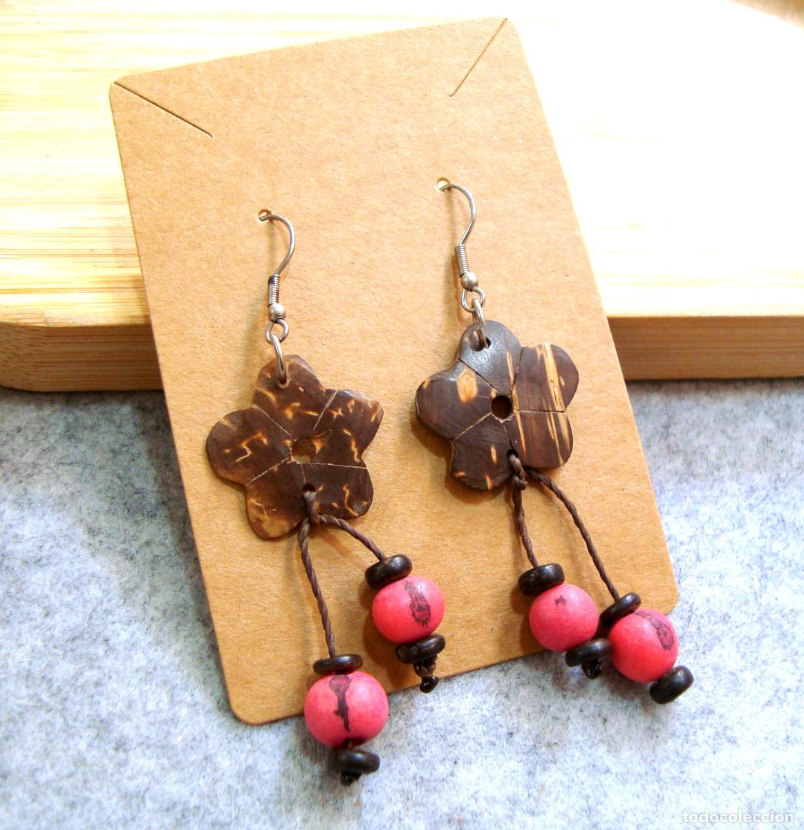 Joyeria: Pendientes bohemios largos de madera de coco, A&ntilde;o 2000, Nuevos - Foto 1
