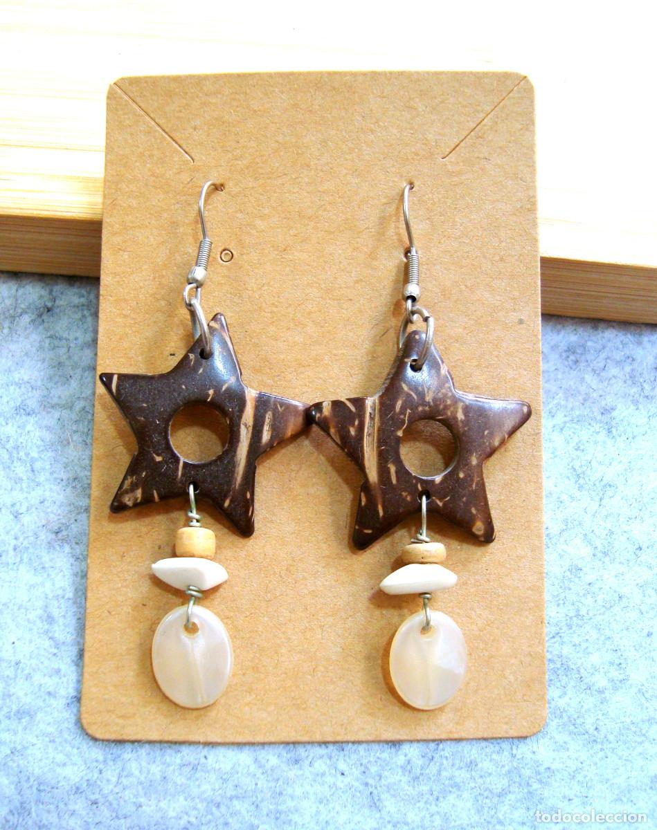 Joyeria: Pendientes bohemios de estrellas de madera de coco, A&ntilde;o 2000, Nuevos - Foto 1
