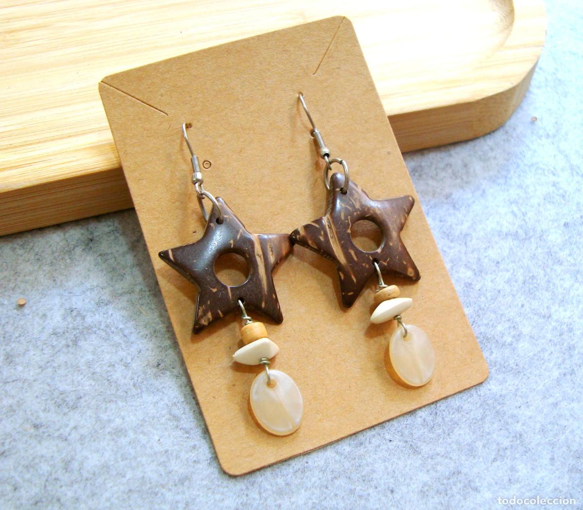 Joyeria: Pendientes bohemios de estrellas de madera de coco, A&ntilde;o 2000, Nuevos - Foto 2