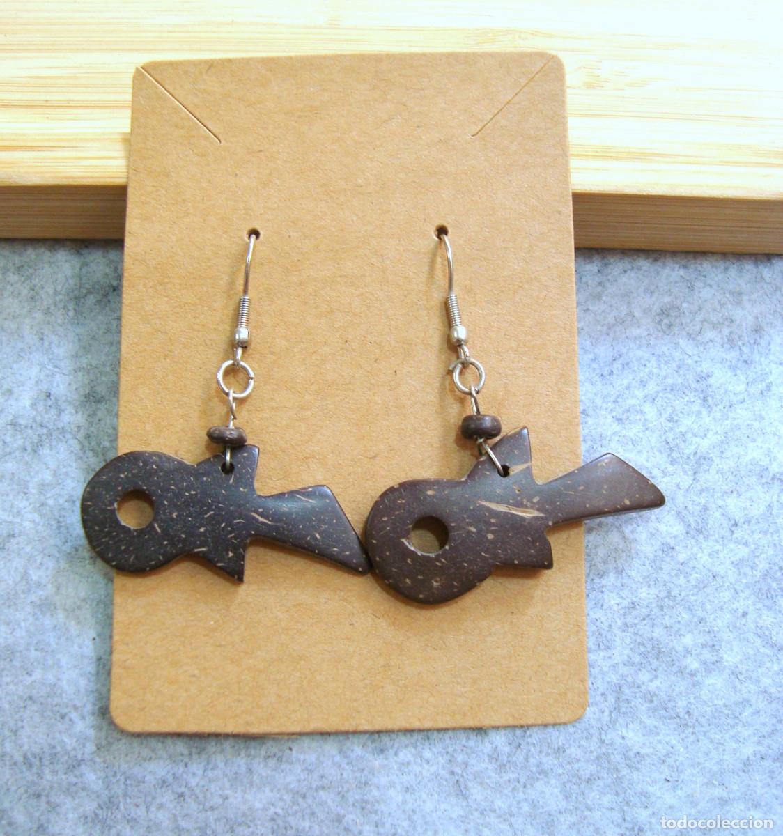 Joyeria: Pendientes bohemios guitarra de madera de coco, A&ntilde;o 2000, Nuevos - Foto 1