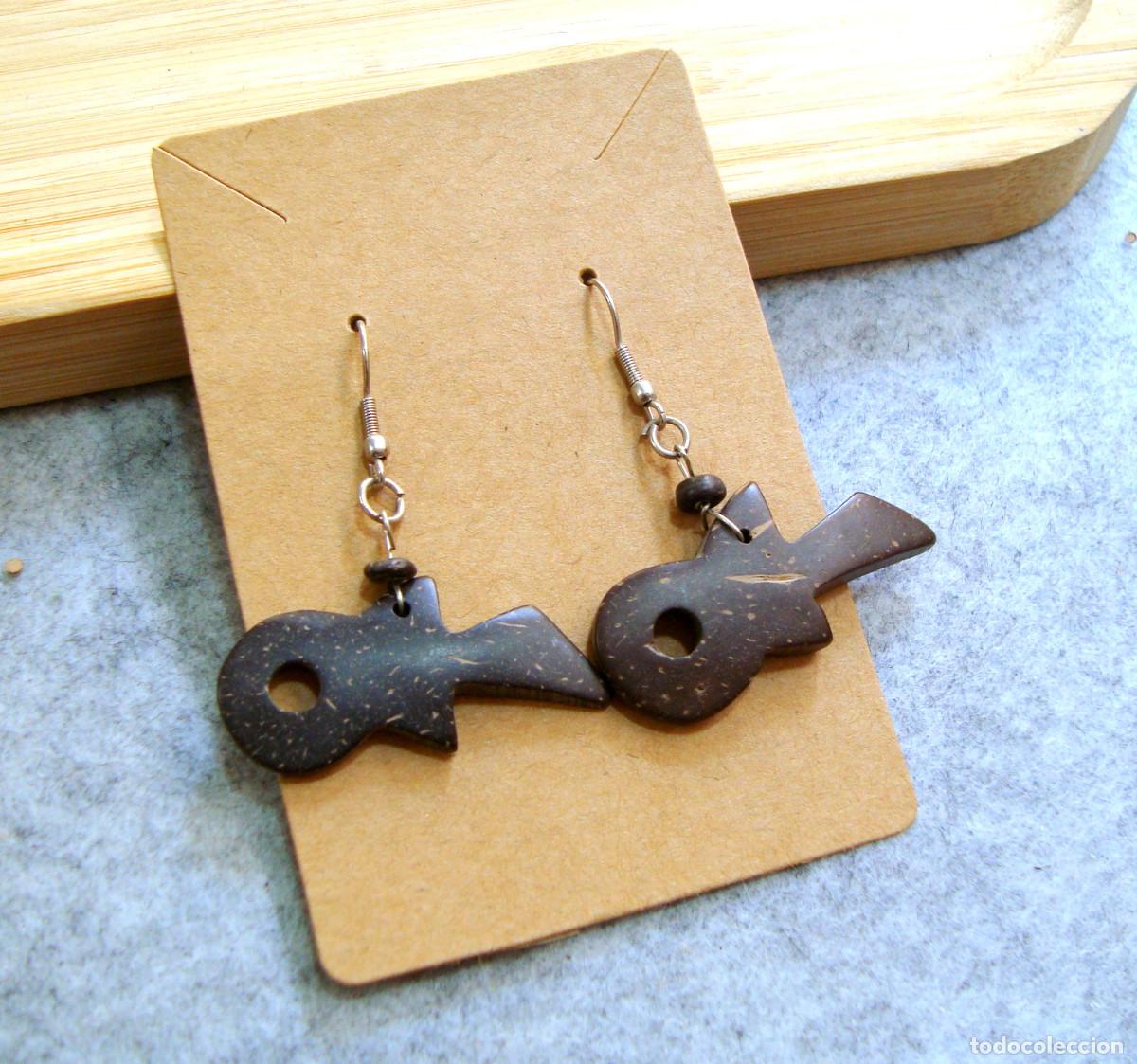 Joyeria: Pendientes bohemios guitarra de madera de coco, A&ntilde;o 2000, Nuevos - Foto 2