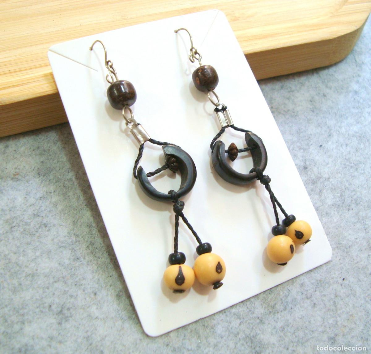 Joyeria: Pendientes largos de coco con semilla, A&ntilde;o 2000, Nuevos - Foto 2