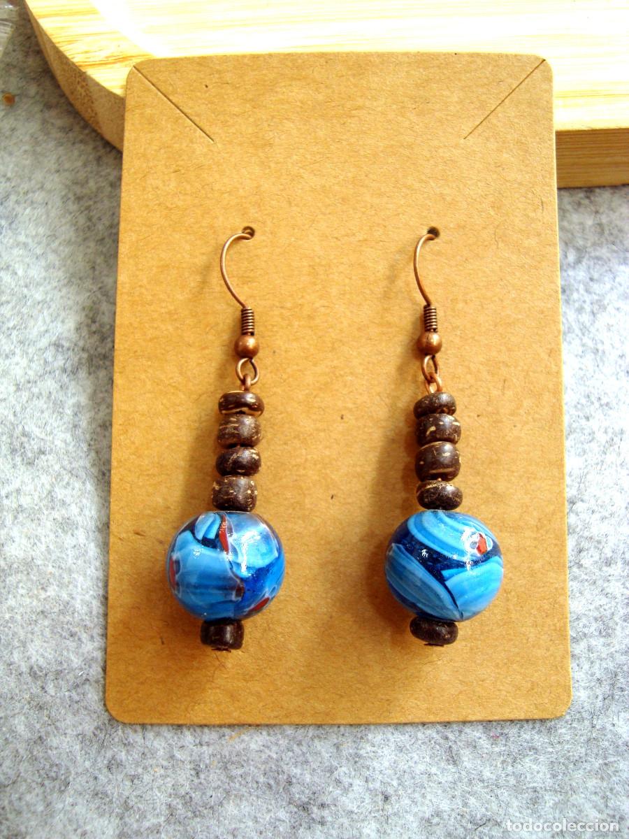 Joyeria: Pendientes bohemios de madera de coco con cristal, A&ntilde;o 2000, Nuevos - Foto 1