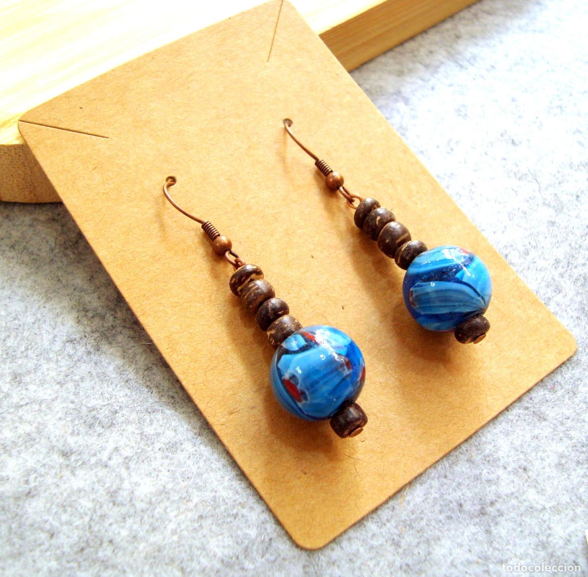 Joyeria: Pendientes bohemios de madera de coco con cristal, A&ntilde;o 2000, Nuevos - Foto 2