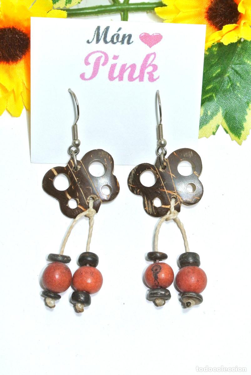 Joyeria: Pendientes bohemios largos de coco con mariposa, A&ntilde;o 2000, Nuevos - Foto 1