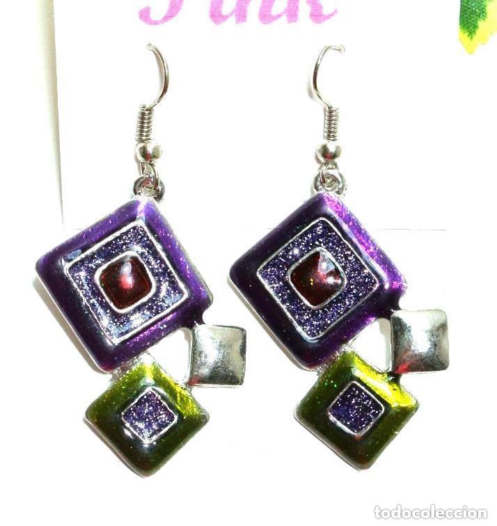 Joyeria: Pendientes vintage color morado y verde, A&ntilde;o 2000, Nuevos