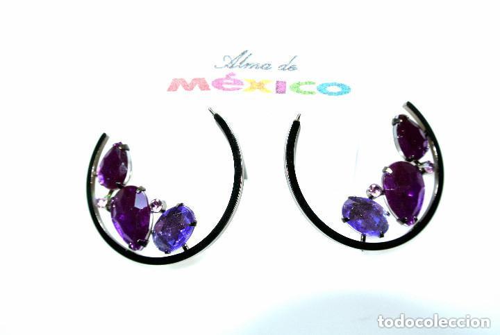 Joyeria: Pendientes de aro con strass morado, A&ntilde;o 2000, Nuevos - Foto 1