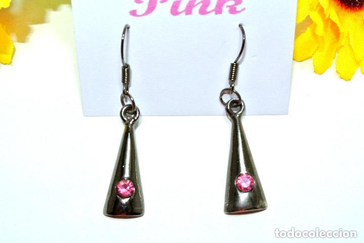Schmuck: Pendientes vintage color plata con strass rosa, A&ntilde;os 90's, Nuevos