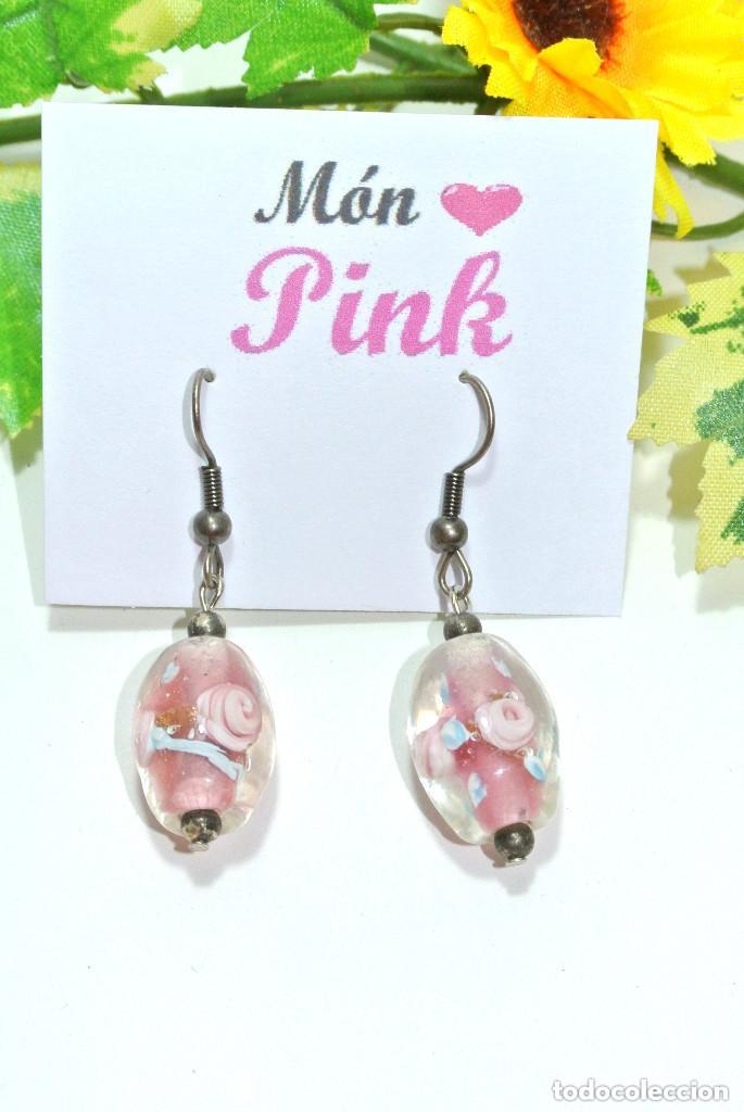 Joyeria: Pendientes de cristal con rosa interior, A&ntilde;o 2000, Nuevos - Foto 2