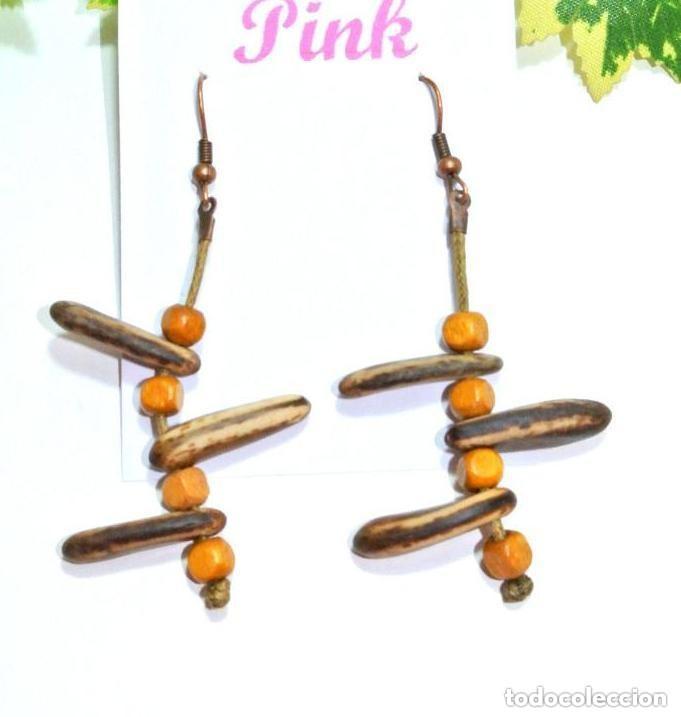 Joyeria: Pendientes bohemios largos de semillas y madera, A&ntilde;o 2000, Nuevos - Foto 1