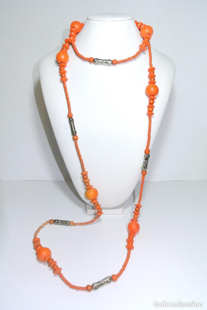 Joyeria: Collar largo de madera color naranja y plata, A&ntilde;o 2000, Nuevo - Foto 1