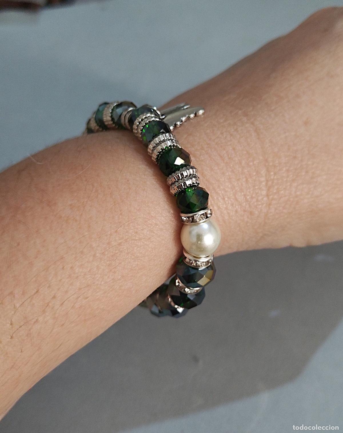 Joyeria: Pulsera cuentas de cristal verde, estirable. - Foto 3