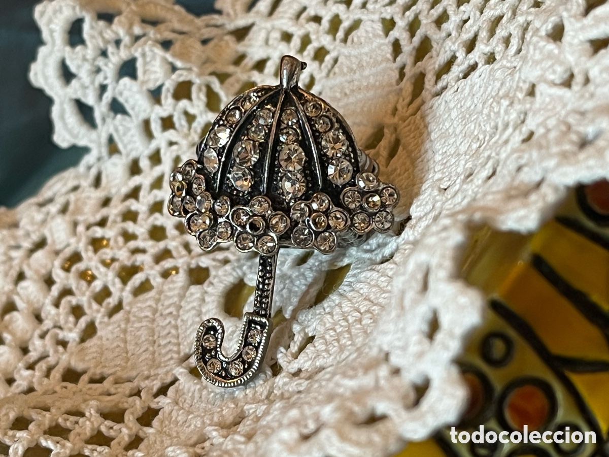 Joyeria: ESPECTACULAR GRAN ANILLO SORTIJA VTGE RETRO PARAGUAS SOMBRILLA REPLETA CRISTAL STRASS MUY BRILLANTE