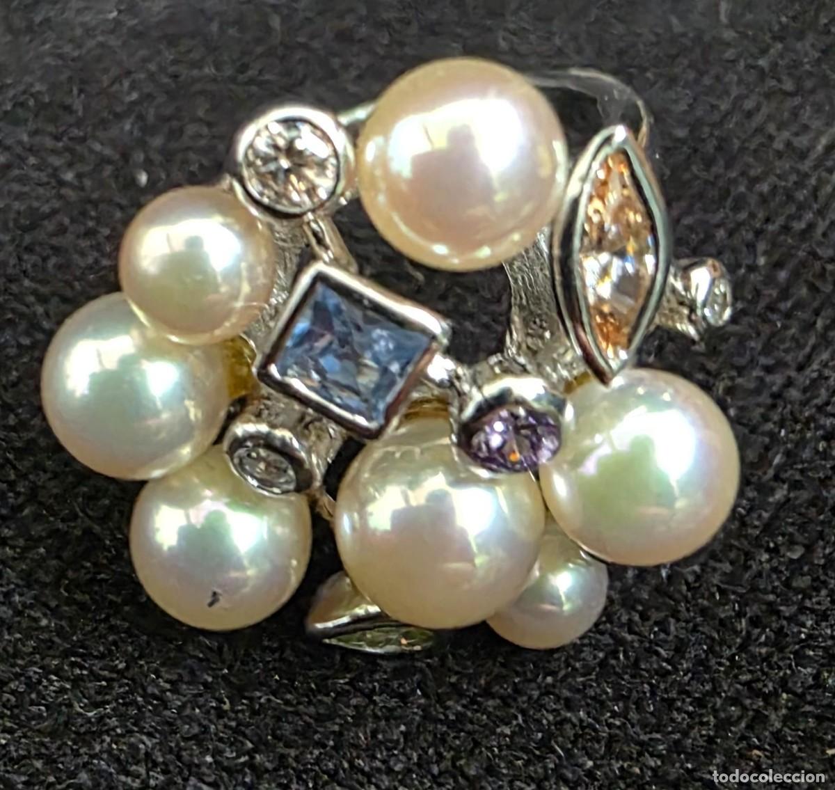 Joyeria: Anillo vintage de perlas naturales y gemas multicolor en plata - Foto 1