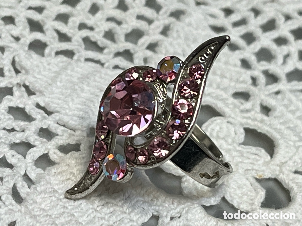 Joyeria: ANILLO LANZADERA PEDRERIA CRISTAL ROSA COMPLETA RESPLANDECIENTE SORTIJA AJUSTABLE PRECIOSA SIN USO